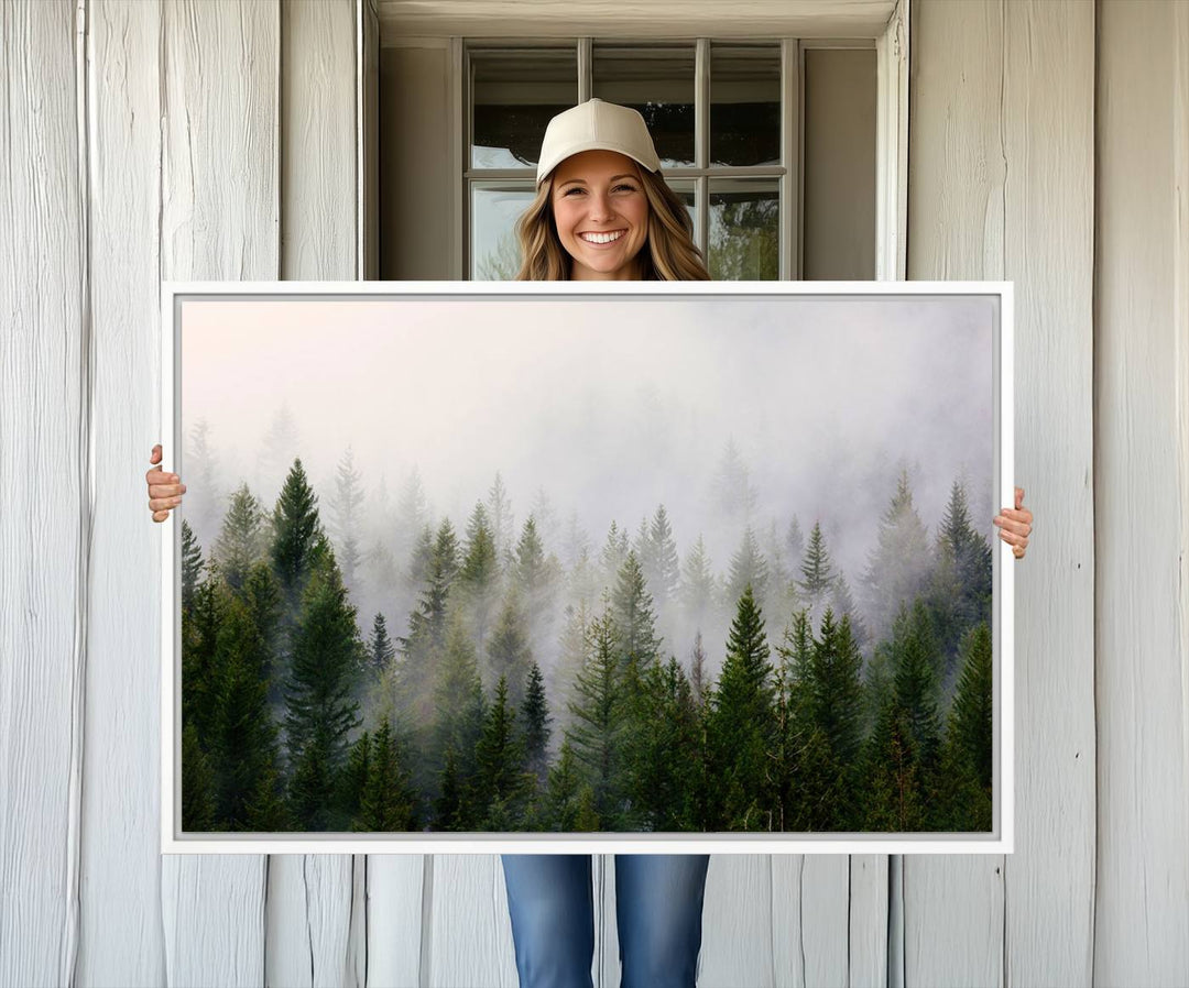 Misty Pine Forest Canvas Print serves as a foggy forest decor piece in the kitchen.