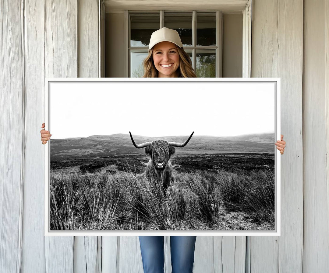 Dining room featuring a Black and White Highland Cow Canvas for a Western-themed decor.