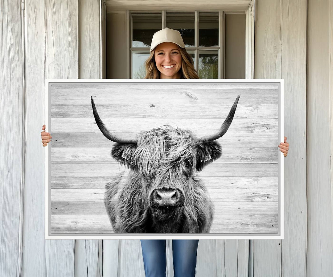 Scottish Highland Cow Cattle Art adds rustic farmhouse charm to the space.