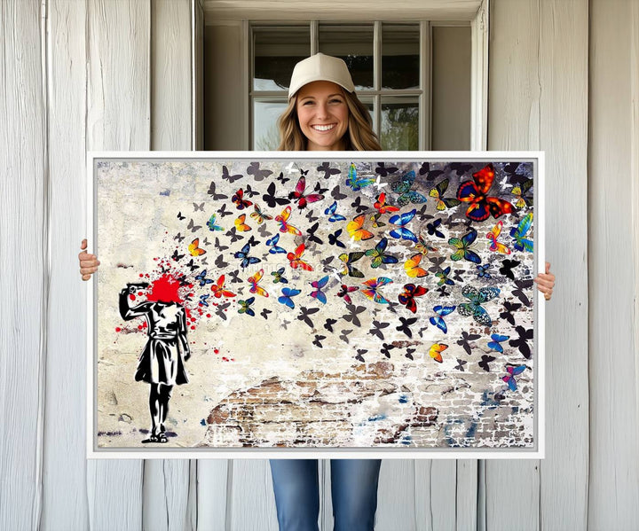 Banksy Art Butterfly Girl Explosion: Vibrant urban graffiti canvas for modern interiors, ready to hang.