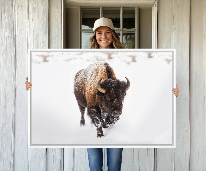 Bison Winter Wall Art Canvas Print for farmhouse decor.