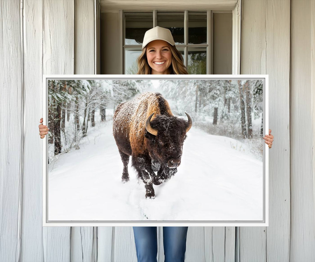 The dining area showcases the Bison Wall Art Canvas Print for Farmhouse.