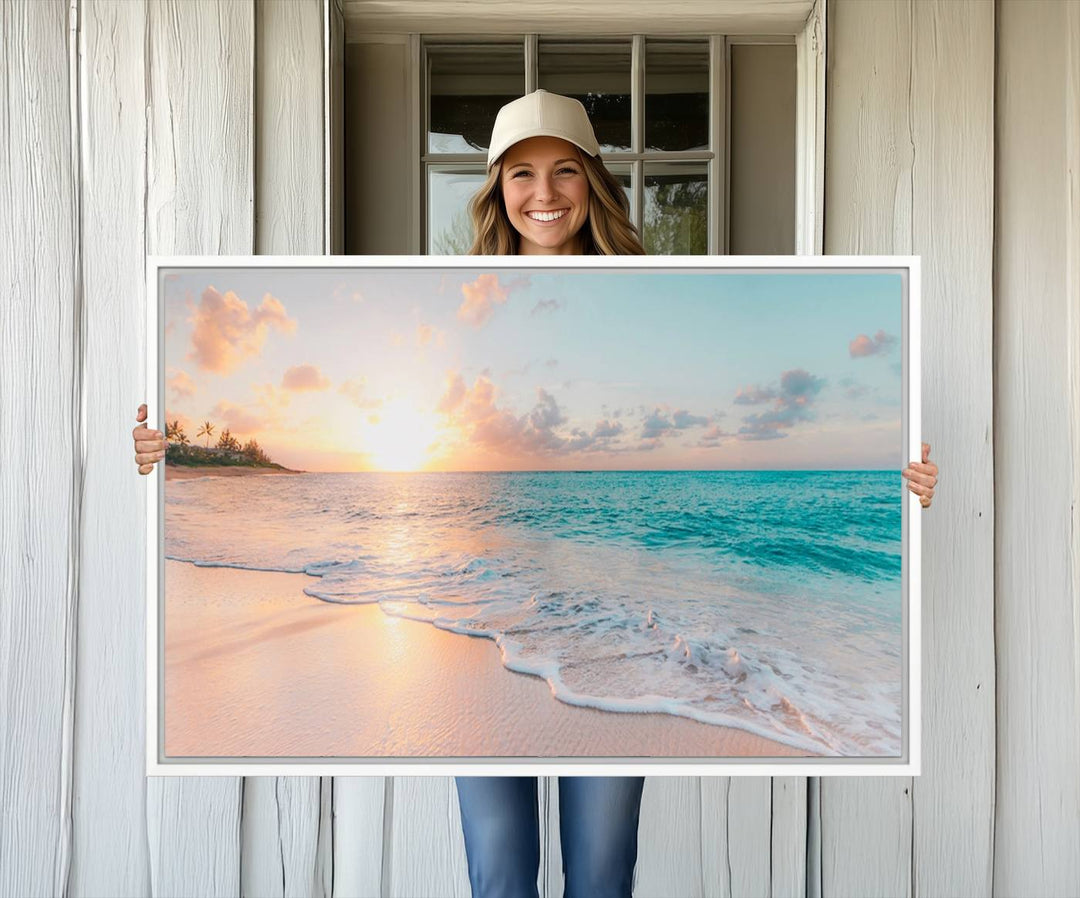 The kitchen features the Beach Sunrise Wall Art, Coastal Sunset Beach Scene.