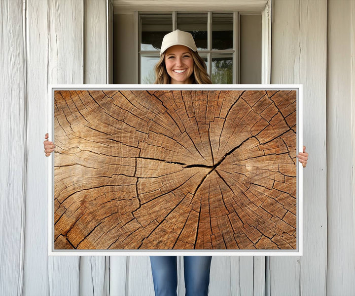 Tree Ring Canvas Art decorates a textured wall.