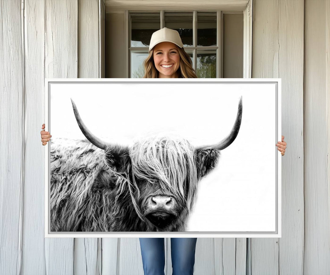 Framed Black and White Scottish Highland Cow Art Print.