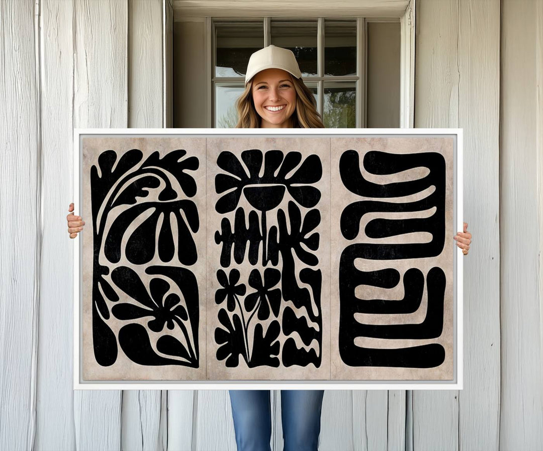 Canvas Print Wall Art Abstract Illustrs Art Boho features bold black patterns on a light background.