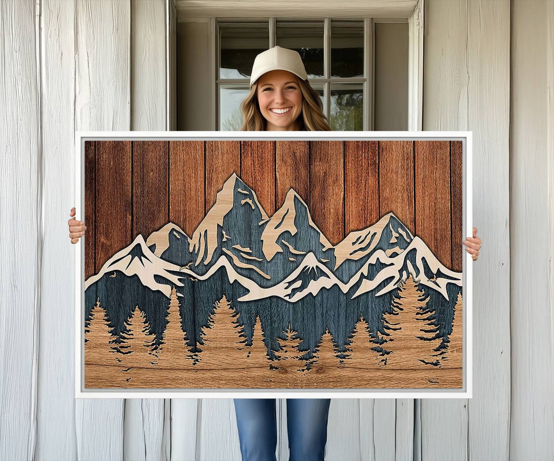 Rustic Wood Style Mountain Wall Art hangs on the wall.