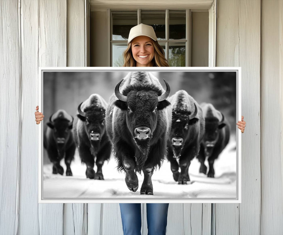 A black and white American Bison herd canvas print adorns the wall.