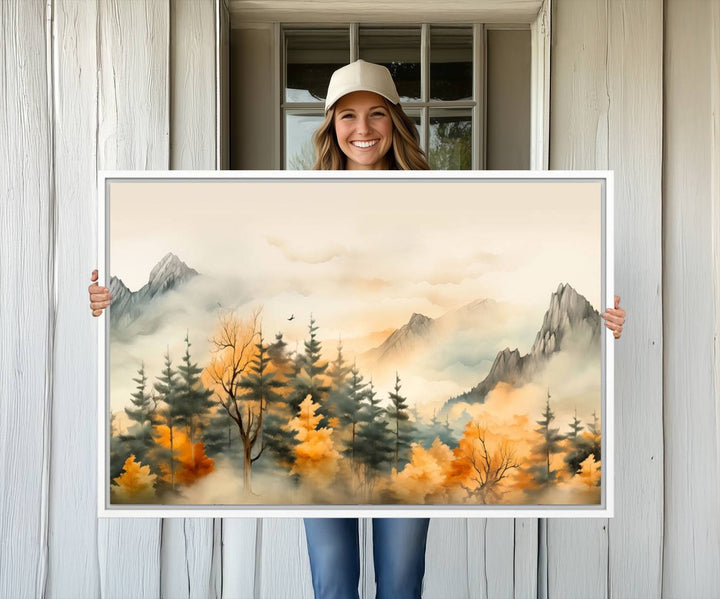 A wall art of Abstract Watercolor Mountains and Trees Autumn on museum-quality canvas.