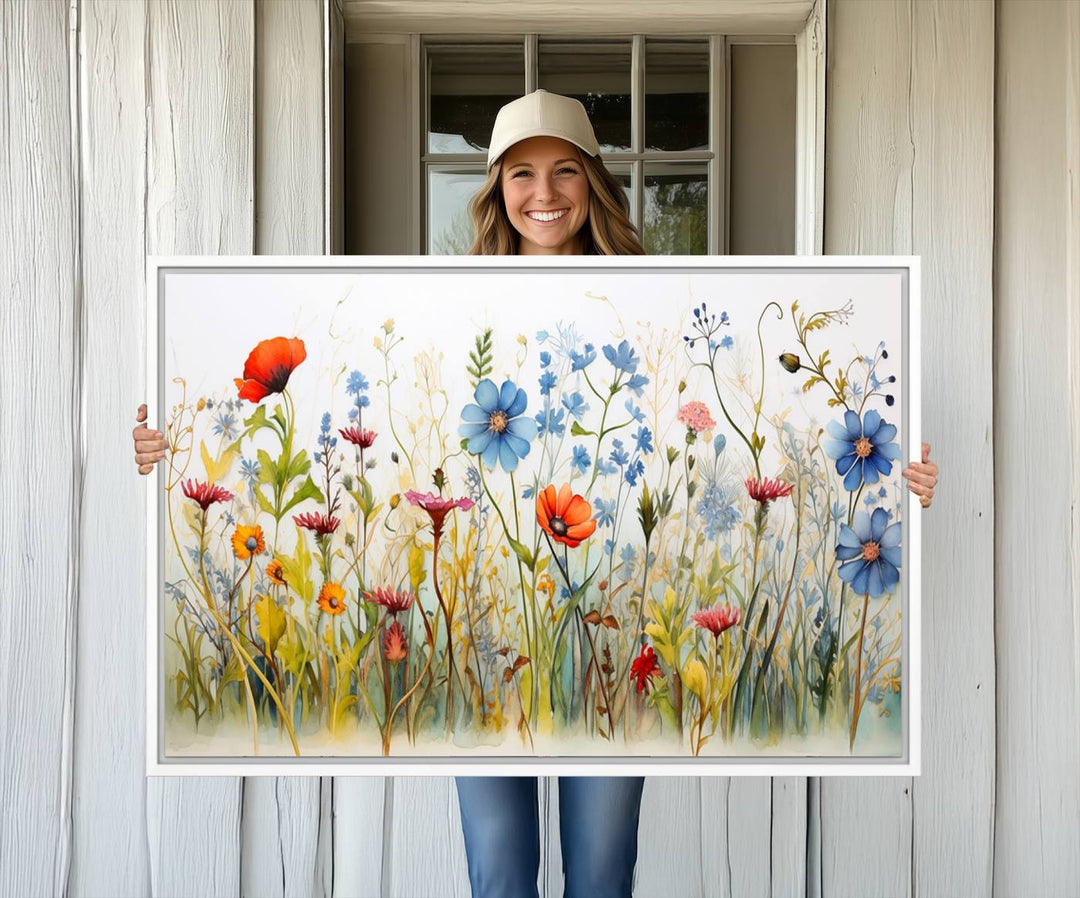 The vibrant Colorful Wildflower Canvas Wall Art adorns the wall.