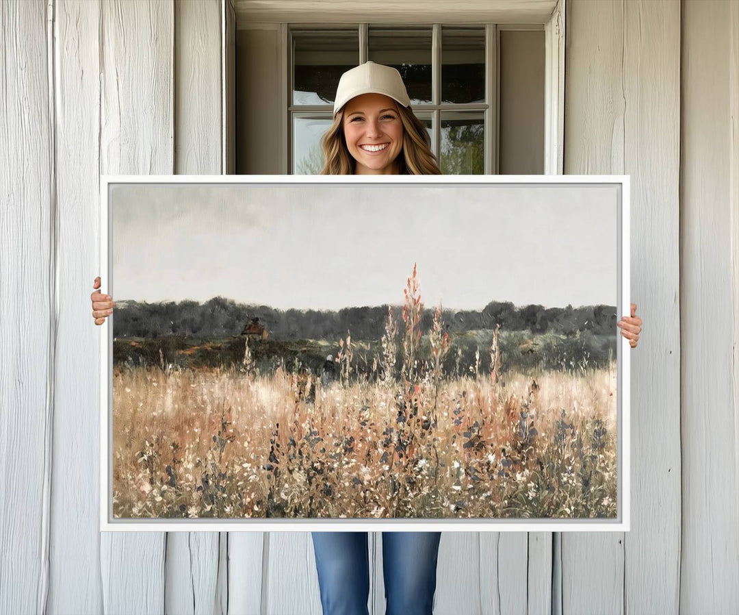 A dining room featuring the Abstract Wildflower Art Field Landscape Oil Painting Print.