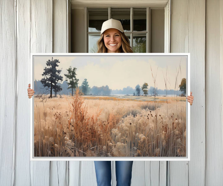 The Golden Fields Canvas Art Print, depicting a serene landscape, adds tranquility with its presence.