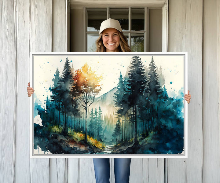 The Watercolor Trees Forest Abstract canvas print is displayed prominently.