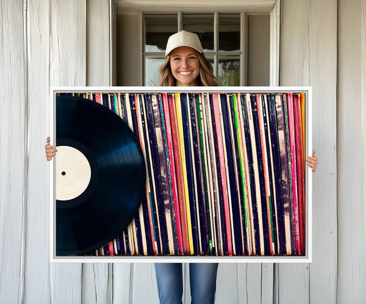 The Vinyl Record and Album Collection Canvas above the dining table enhances the modern kitchen, creating a perfect aesthetic for vintage vinyl lovers.