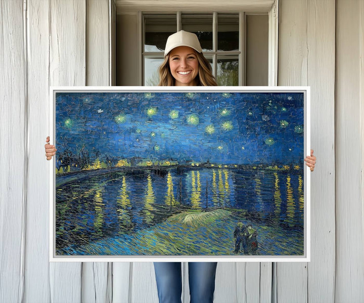 A Vincent van Gogh Starry Night over the Rhone canvas print is displayed on a porch.