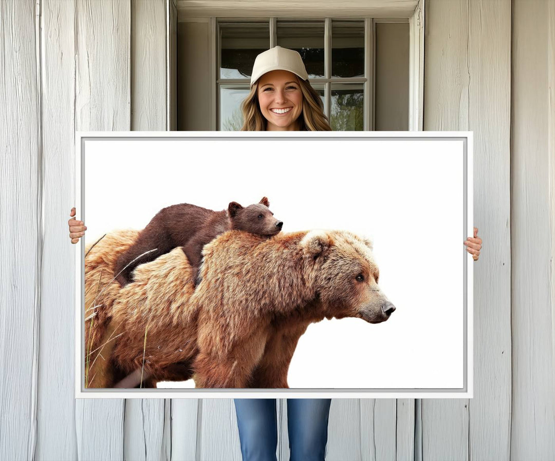 Mother and Baby Bear canvas: an adorable wildlife print displayed on a dark green wall.