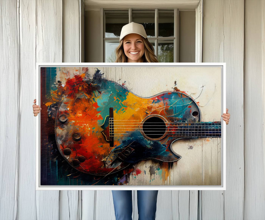 A vibrant guitar wall art canvas is mounted on the wall.