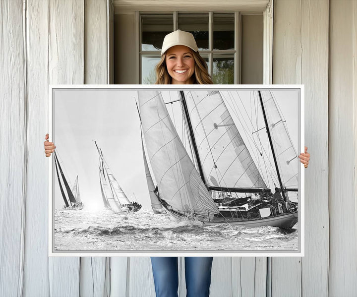 Yacht Sailboat Regatta canvas print on a textured wooden wall.