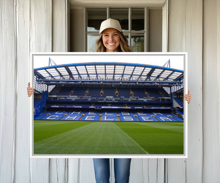 The wall art features a Chelsea FC Stamford Bridge Stadium canvas print.