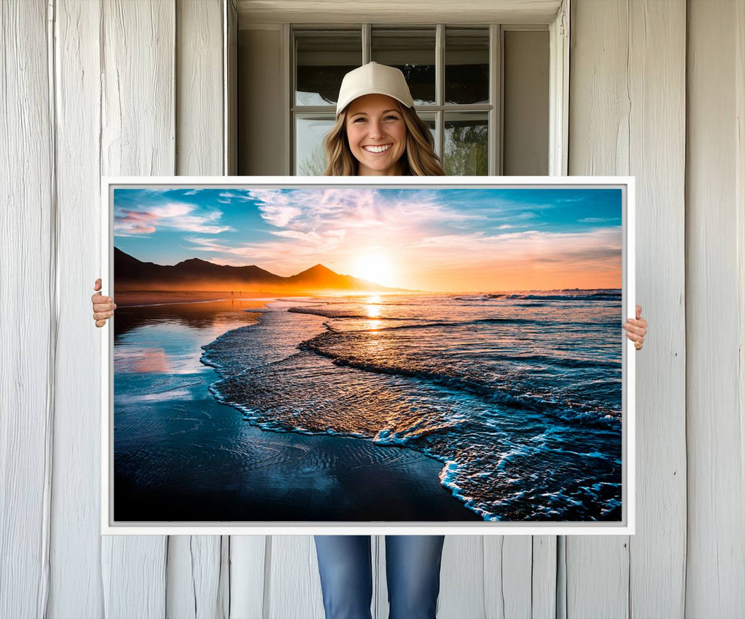 The Sunset Beach Ocean Canvas Wall Art – Tranquil Reflections at Dusk enhances the ambiance with its captivating depiction of serene ocean views at dusk.