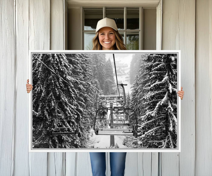 The Winter Ski Lift Canvas in minimalist style adds a unique touch to the dining room.