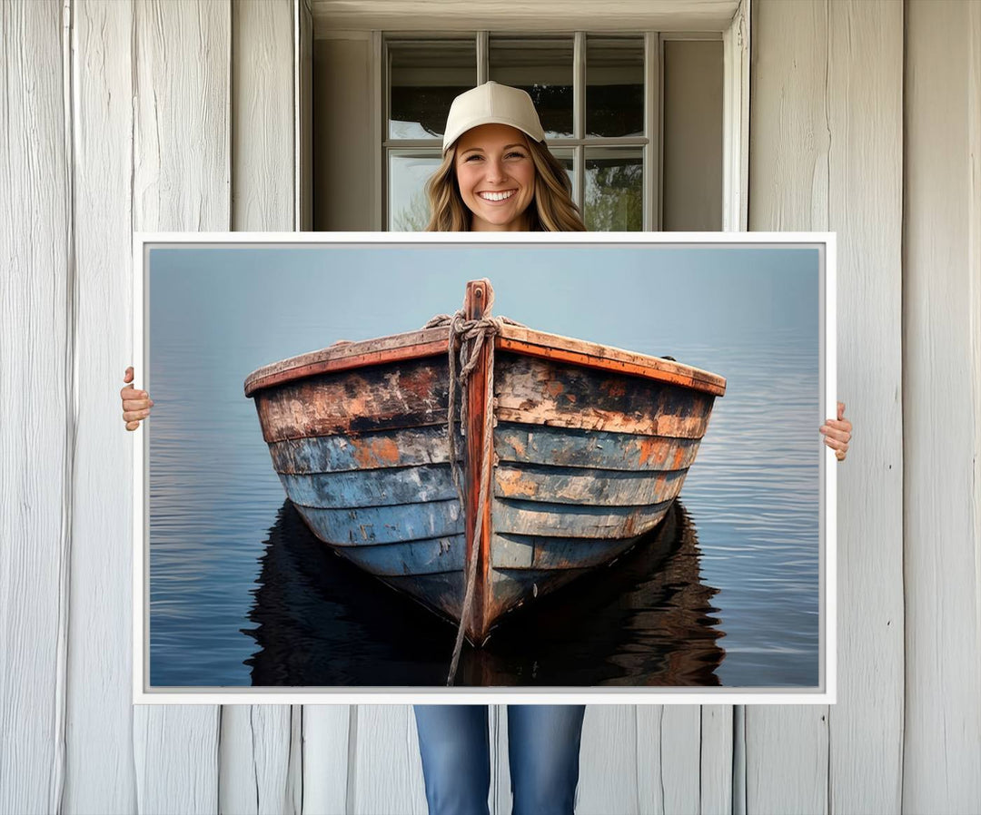 Stunning vintage boat canvas print featuring a calm water scene.