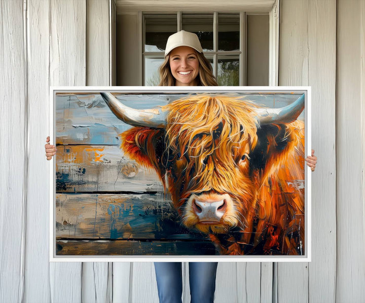 The dining room features Highland Cow Abstract Canvas Wall Art in a farmhouse rustic decor style.