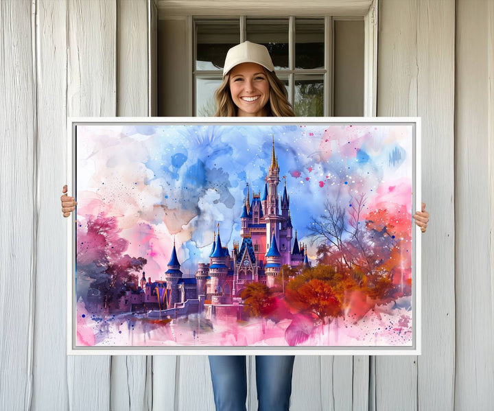 A Disney Wall Art: Dreamy Watercolor Cinderella Castle Canvas Print hangs prominently.