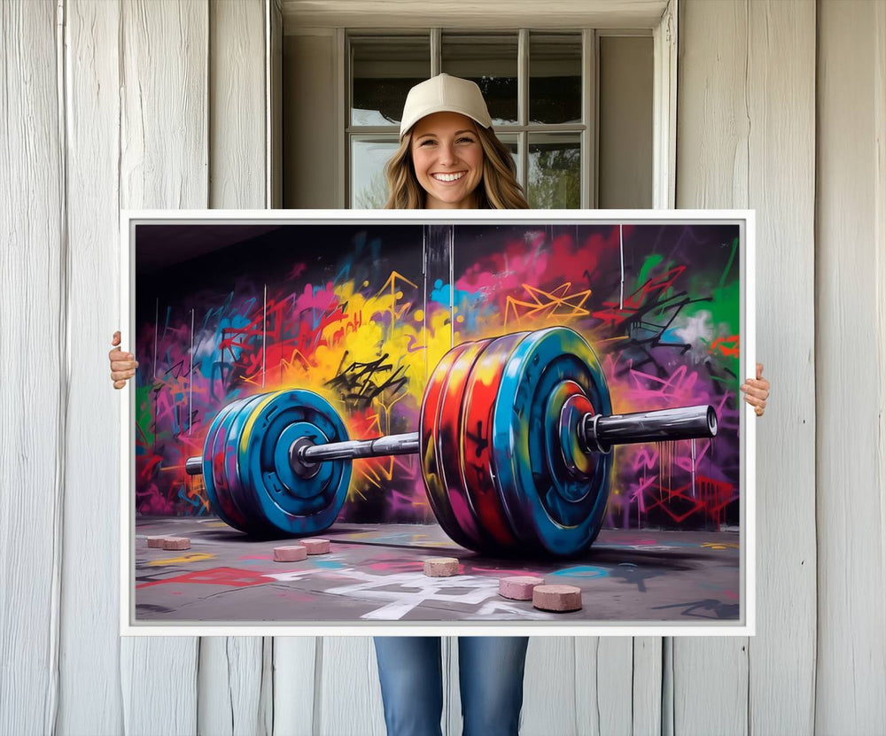 The Abstract Graffiti Barbell Canvas Wall Art is displayed on a porch.