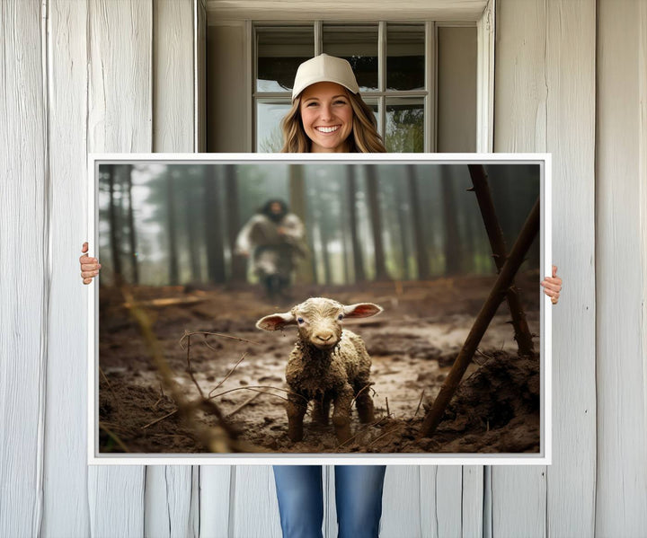 The Jesus Running After a Lost Lamb canvas wall art print depicts a lamb in a muddy forest.