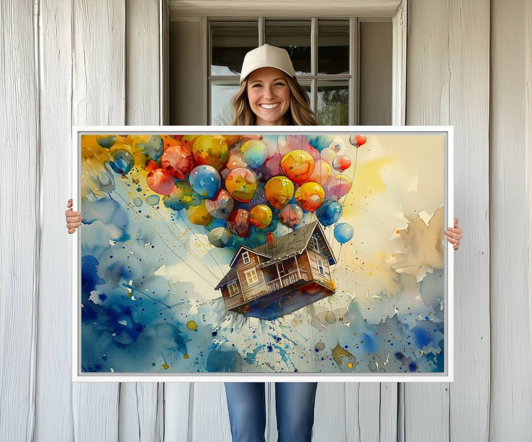 The UP-Inspired triptych canvas art adds whimsy with its colorful floating house and balloons.