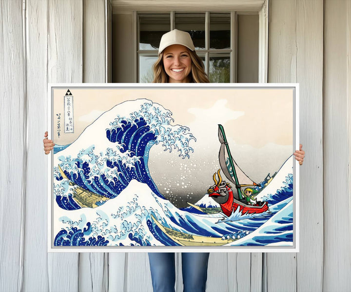 The Katsushika Hokusai Kanagawa Giant Wave Canvas print captures a vibrant sailing scene.