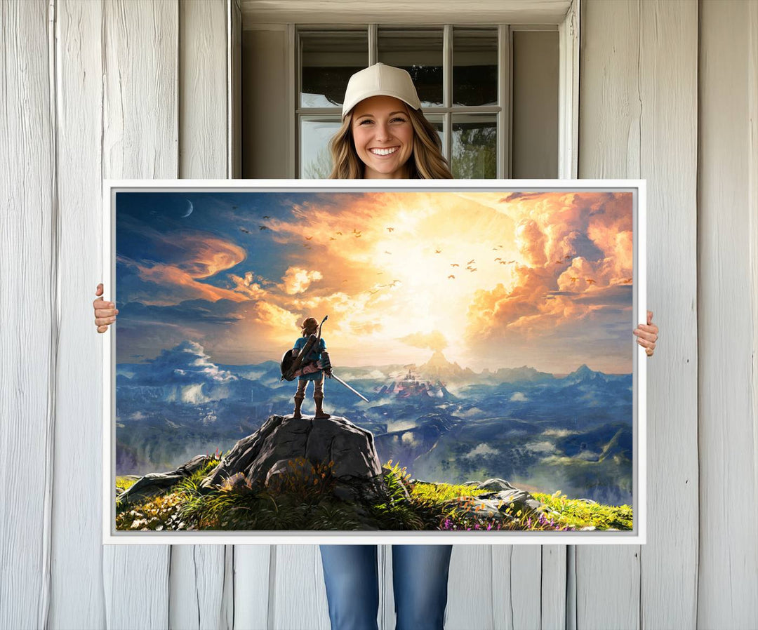 A vibrant Legend of Zelda Breath of the Wild canvas print depicts a figure standing on a rock with mountains and sky in the background.