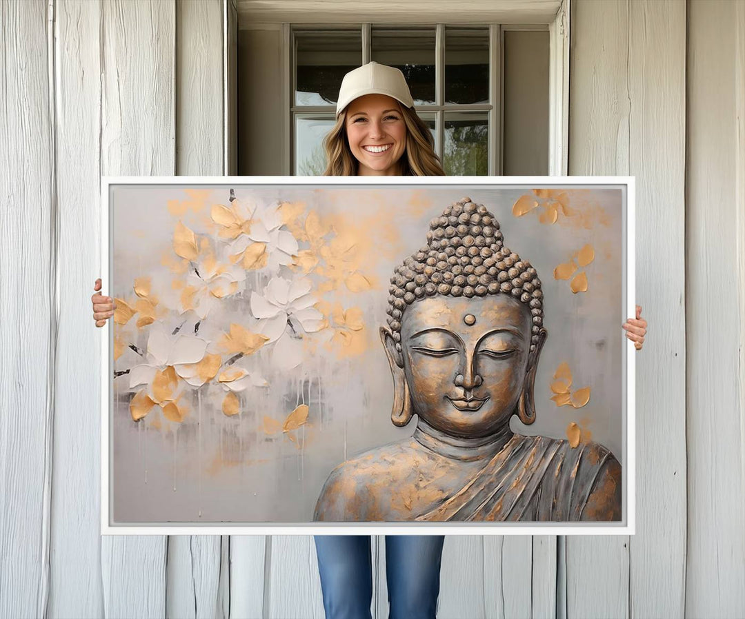 The serene dining room features Abstract Buddha Statue Wall Art.