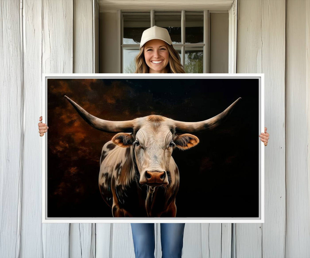 A large 3-panel Texas Longhorn canvas print dominates the space.