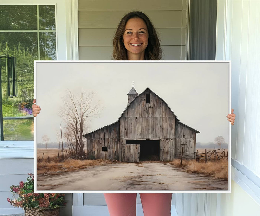 The Farmhouse Rustic Barn Wall Art Canvas Print, framed and ready to hang, enhances the farmhouse décor.