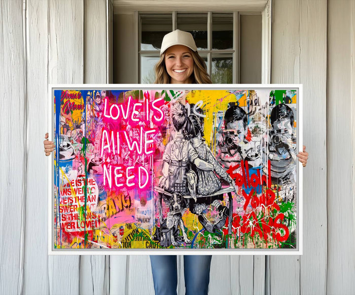 A vibrant and dynamic triptych features distorted horizontal lines, resembling graffiti street art. This artwork conveys the themes of "Follow Your Dreams" and "Love is All We Need" across three colorful panels.