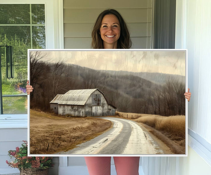 The wall exudes rustic charm, highlighted by the Vintage Barn Farmhouse Wall Decor Canvas Print.