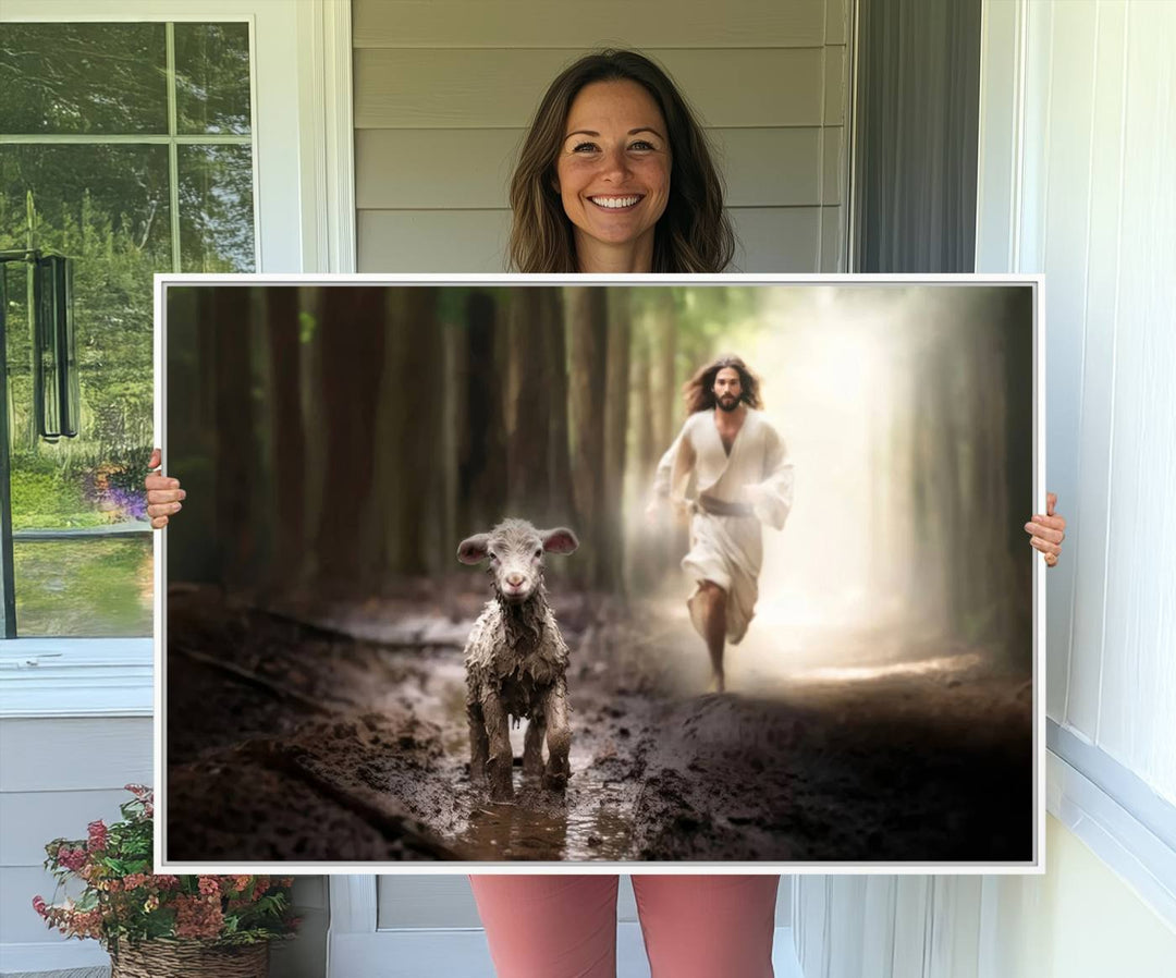 The Jesus Running After Lost Lamb canvas wall art adds a touch of spiritual significance.