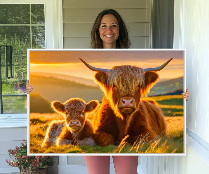 The Scottish Cow and Baby Cow Canvas Wall Art captures sunset fields.