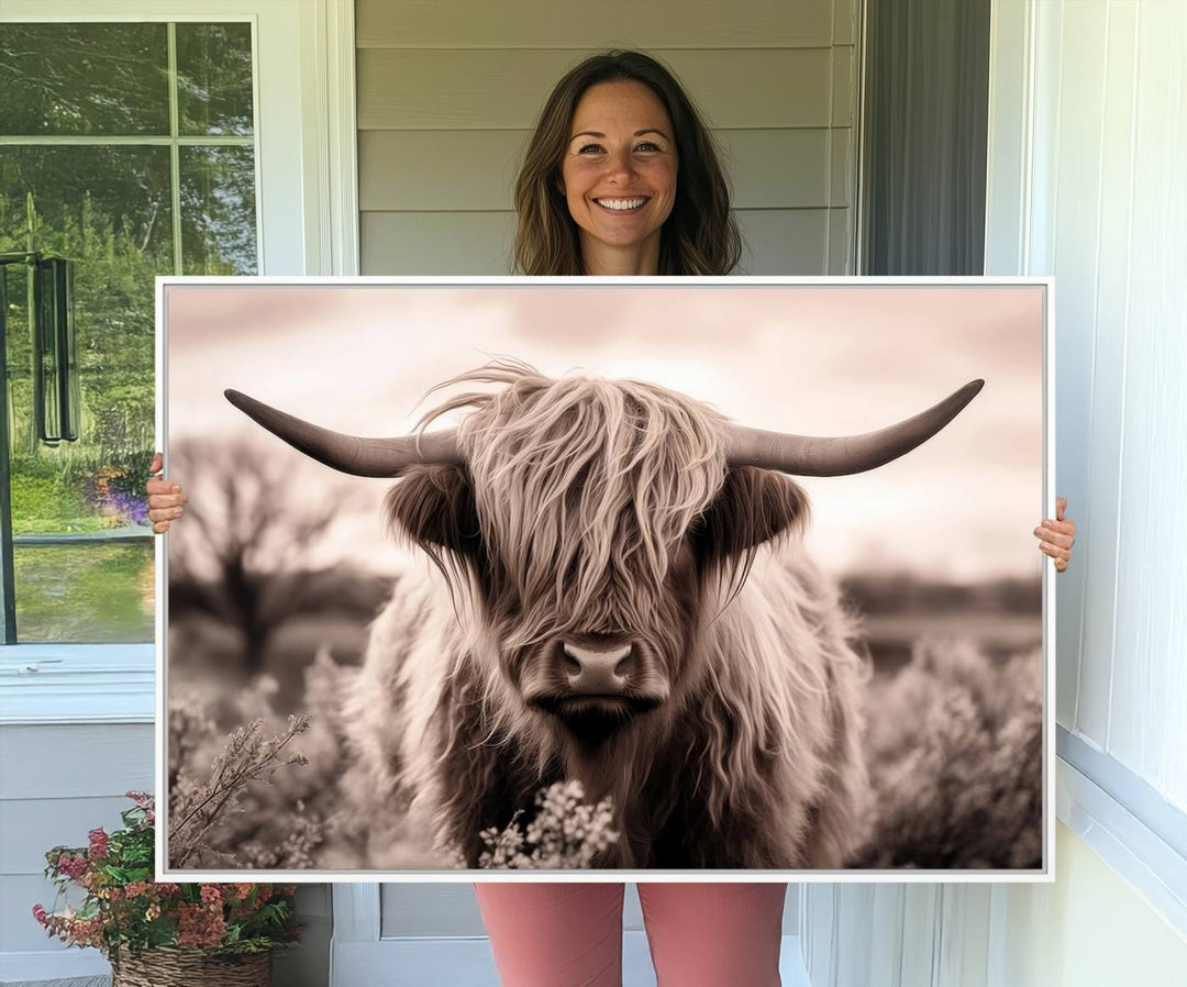 The Scottish Cow Longhorn Wall Art Canvas Print adds charm to the kitchen.