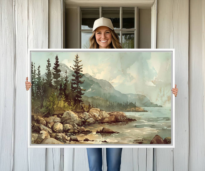 Framed Abstract Acadia National Park wall art, depicting a rocky coastline with trees and mountains, ready to hang.