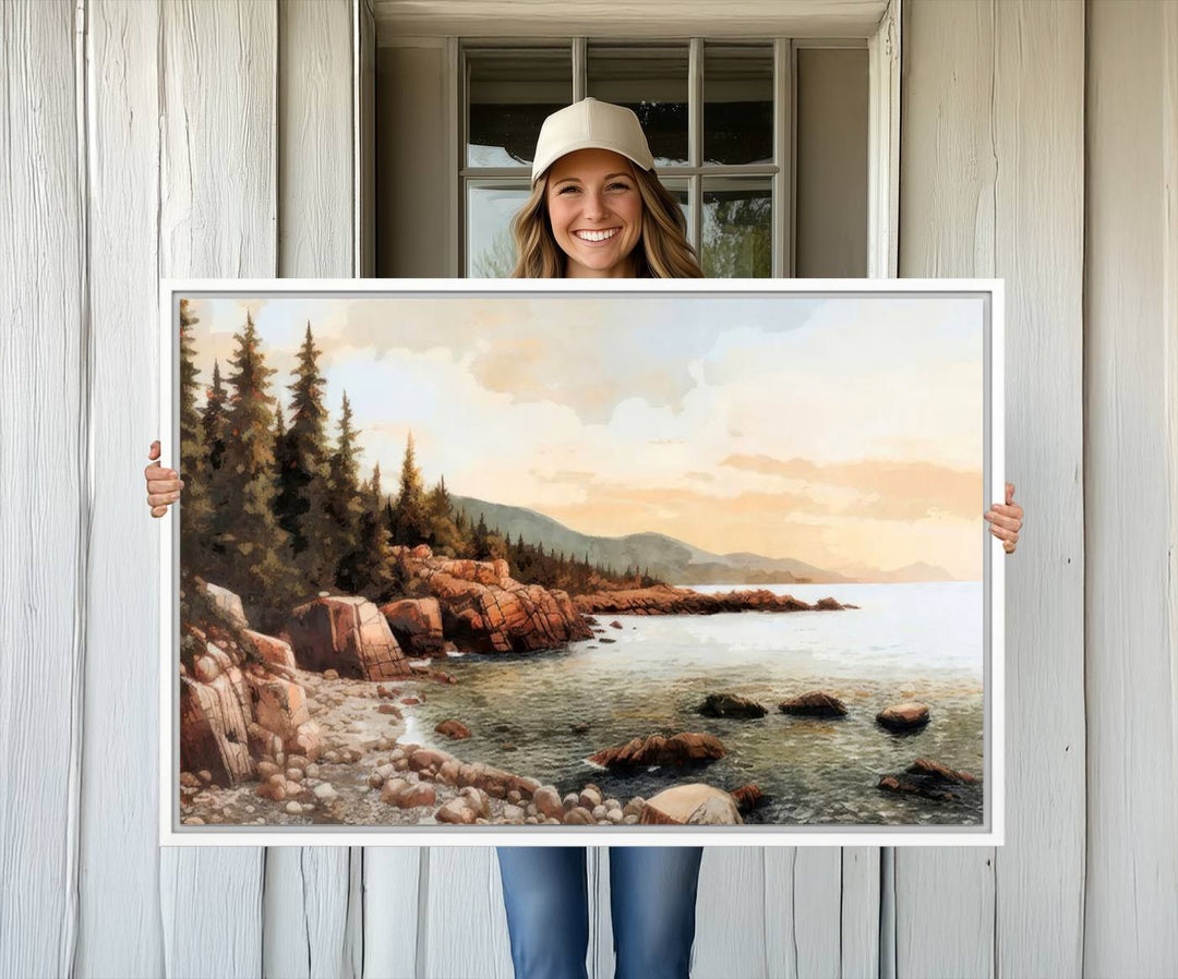 The Serene Coastal View of Acadia National Park 3-panel canvas, framed and ready to hang, adorns the wall.