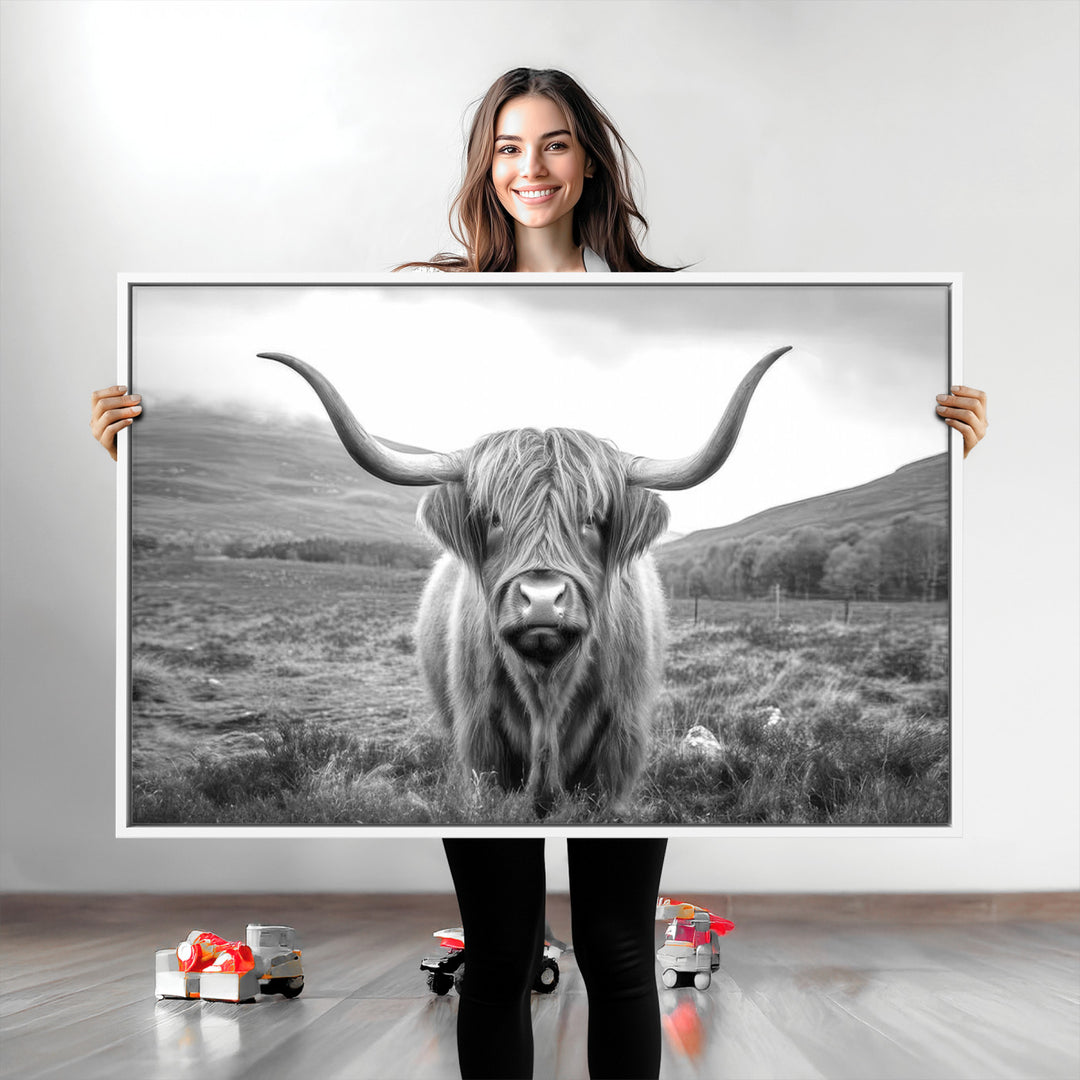 Black White Scottish Highland Cow Canvas Farm Wall Art Canvas Print