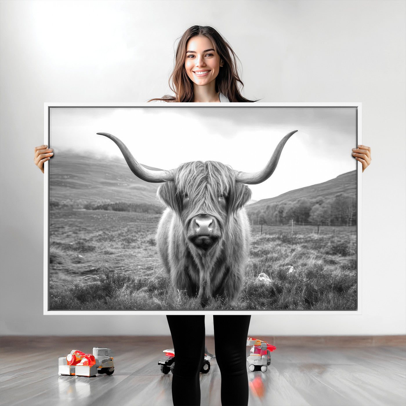 Black White Scottish Highland Cow Canvas Farm Wall Art Canvas Print