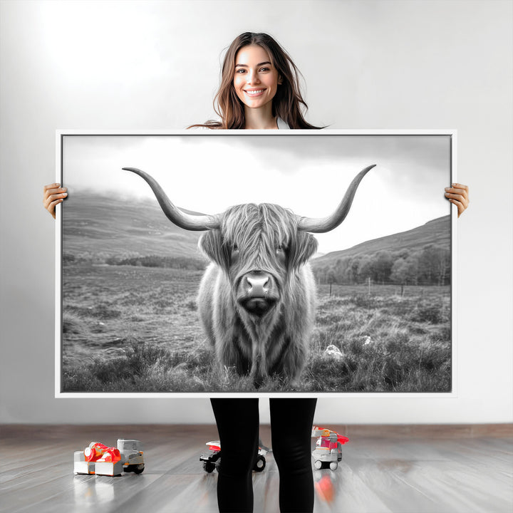 Black White Scottish Highland Cow Canvas Farm Wall Art Canvas Print