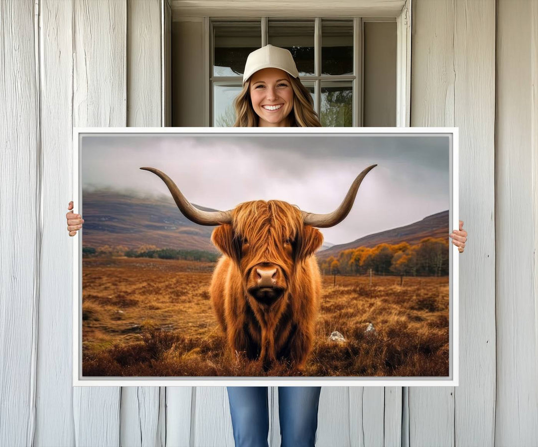 Highland Cow Longhorn Canvas Print, framed, on a wooden wall.