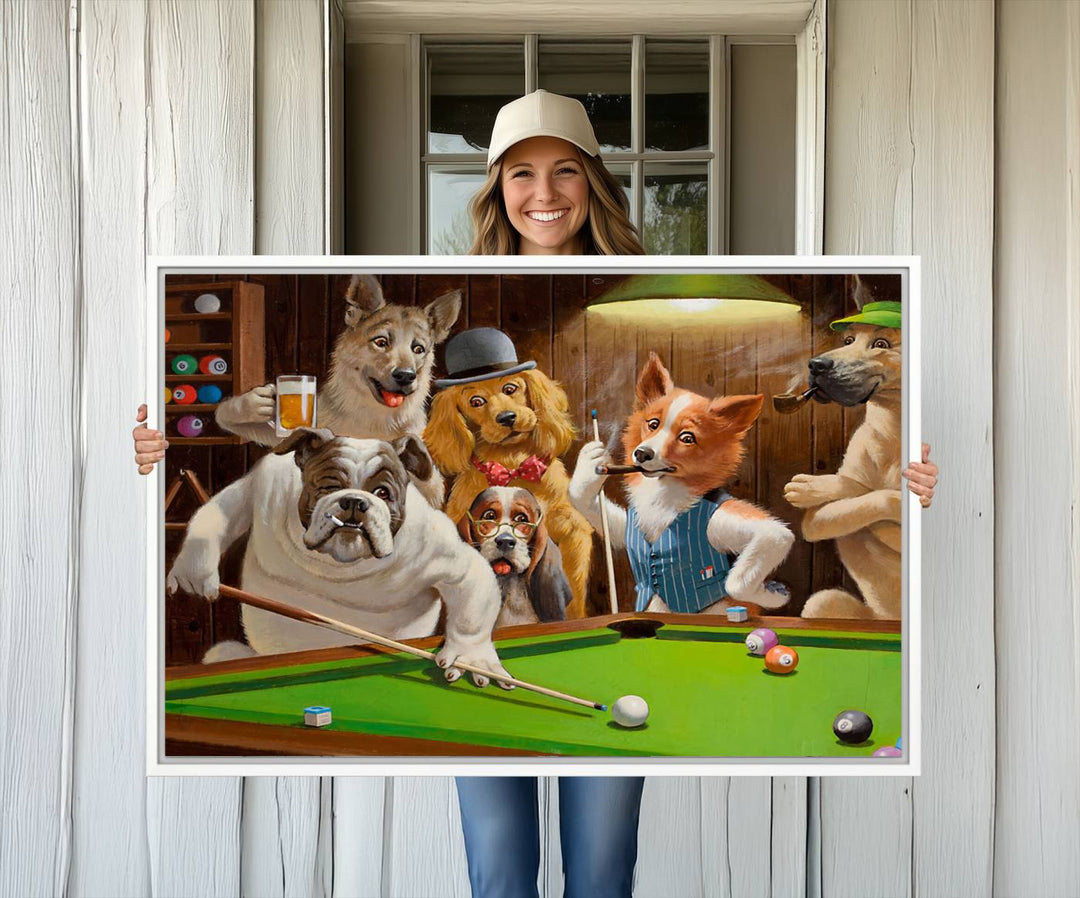 Dogs Playing Pool Canvas Wall Art: This artwork depicts a room where dogs are engaged in a game of pool. One dog is poised to cue while others observe the scene.