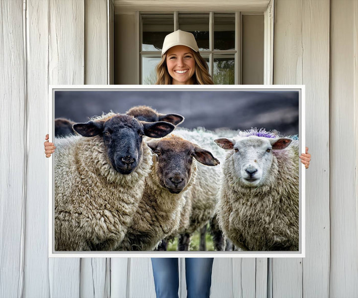 The Charming Sheep Portrait Wall Art hangs on a wooden wall.