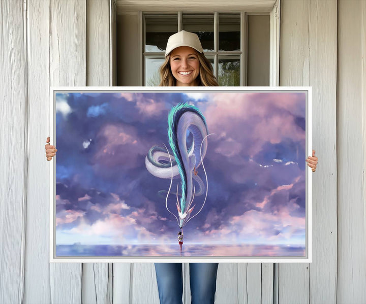 The Spirited Away Haku and Chihiro poster captures a cherished scene for anime lovers under a colorful, cloudy sky.